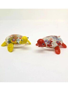 1 Pair Global Village Millefiori Glass Turtle Figurines Red/Yellow, Made in Chin
